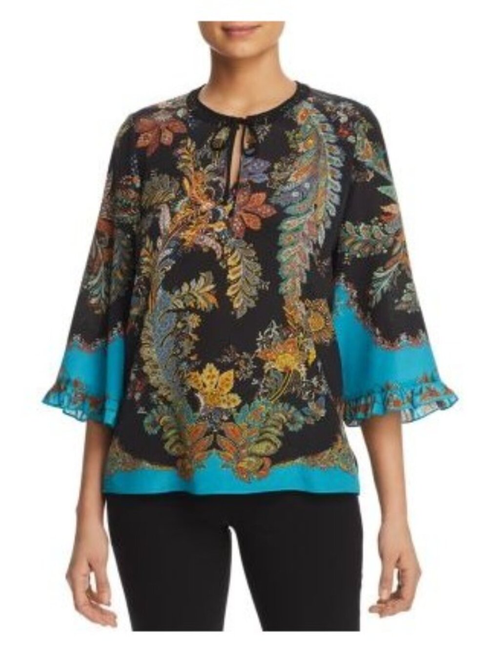 Kobi Halperin Helen Silk Blouse Size L Black Paisley Boho Ruffle Sleeve Tie Neck - Picture 11 of 11